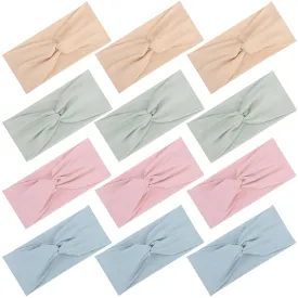 12 Pcs Stretchy Headbands for Women, Absorbed Sport Headband Soft Twist Knotted Hairbands for Daily Life Yoga Workout(Light yellow/Pink/Blue/Green)