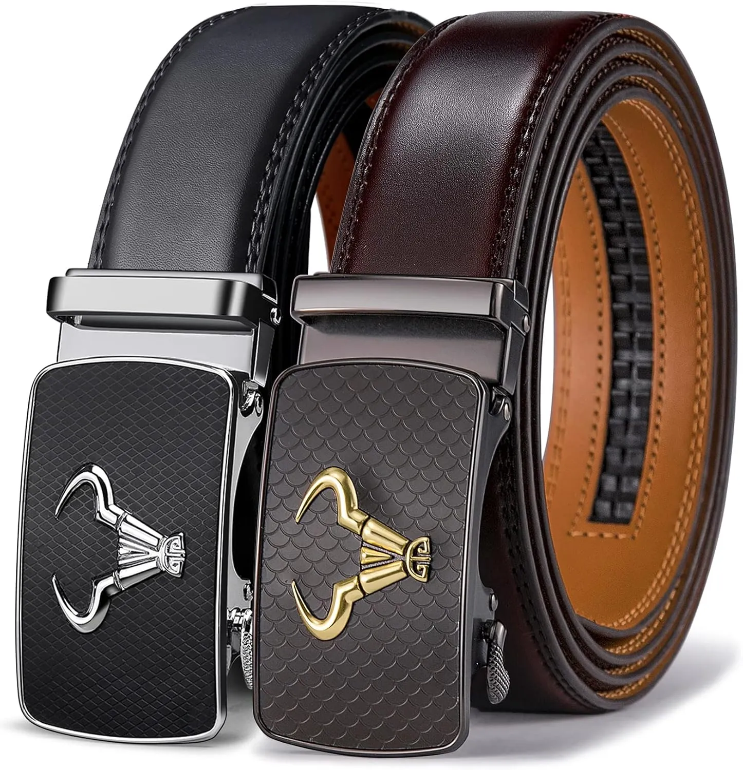 BULLIANT Men belt 2Pack,Leather Ratchet Belt for Gift Men Dress Casual Jeans 1 3/8",Cut for Fit