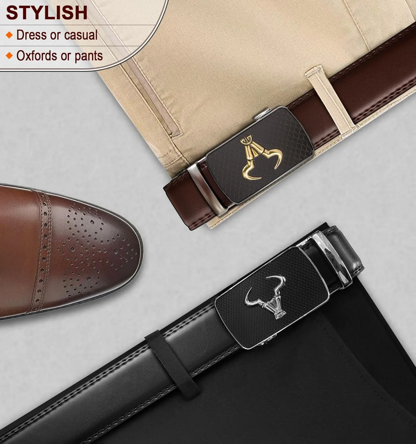 BULLIANT Men belt 2Pack,Leather Ratchet Belt for Gift Men Dress Casual Jeans 1 3/8",Cut for Fit