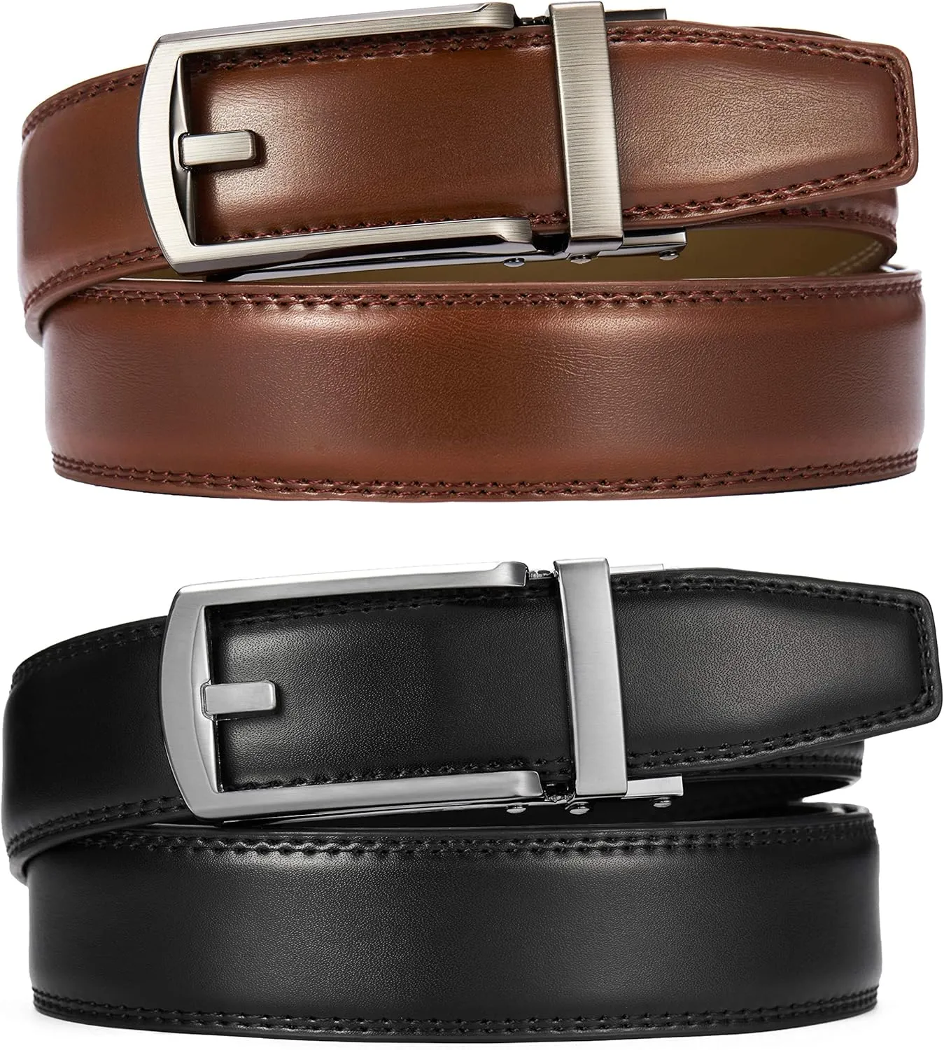 CHAOREN Men's Leather Ratchet Belt Pack of Two - Black, One Size - Adjustable, Scratch Resistant, Luxury Packaging