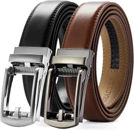 CHAOREN Men's Leather Ratchet Belt Pack of Two - Black, One Size - Adjustable, Scratch Resistant, Luxury Packaging