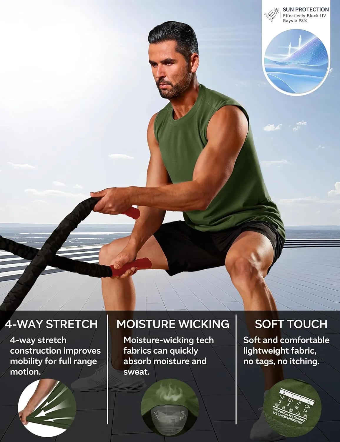 Cotrasen Men's Tank Top UPF 50  Cotton Sleeveless Shirt Lightweight Casual Gym Workout Shirts Cooling Muscle Tee Shirt