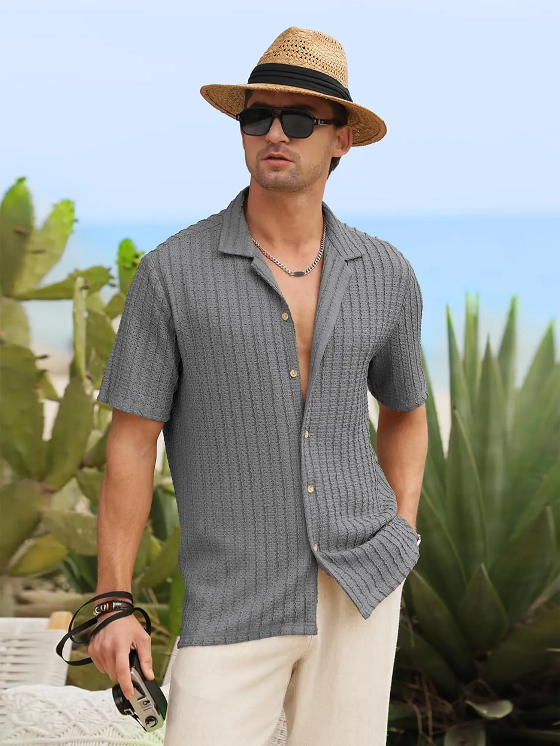 HOTake Men's Casual Summer Beach Shirts Button Down Short Sleeve Crochet Guayabera Shirts