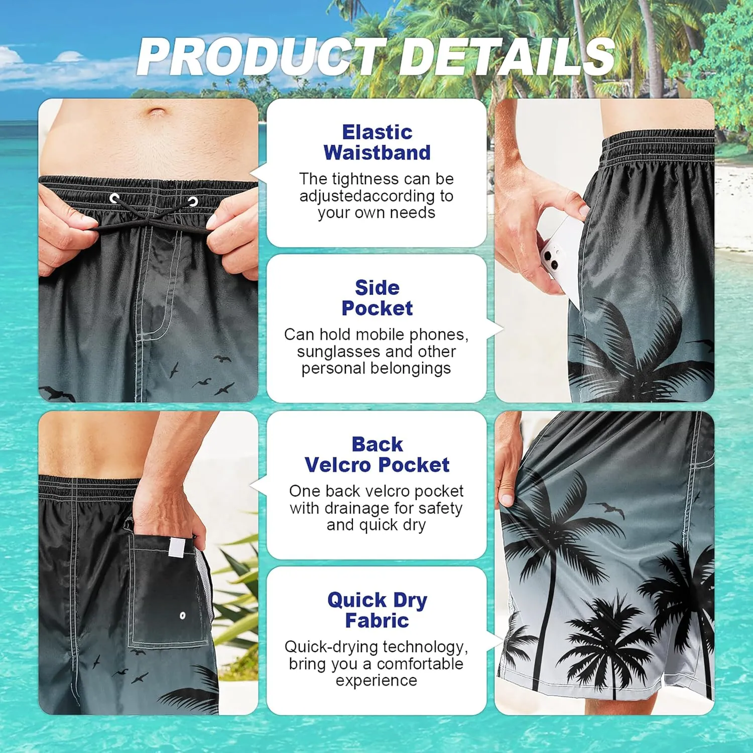 Mens Swim Trunks Quick Dry Board Shorts with Mesh Lining, Breathable Fit Print Beach Shorts Swimwear Bathing Suits